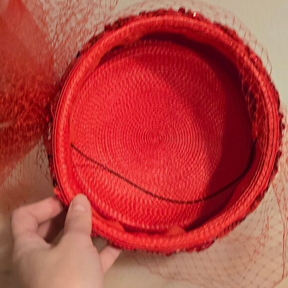 Vintage Red Pillbox Formal Bridal Hat with Mesh Derby Church - Picture 6 of 8
